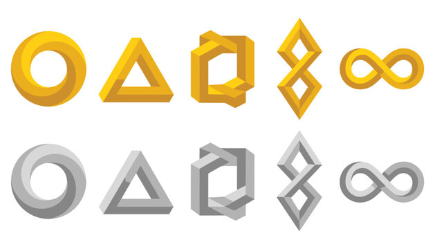 Impossible Geometric Shapes Vector Set with Golden and Silver Penrose Triangle Mobius Strip Infinity Loop and Optical Illusion Objects for Corporate Branding Logos