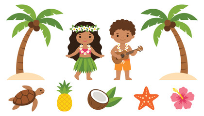 Cute Luau Hawaiian Kids Vector Set with Hula Dancer Ukulele Player Palm Trees and Tropical Fruits for Summer Beach Party and Vacation Graphics © Ridoy