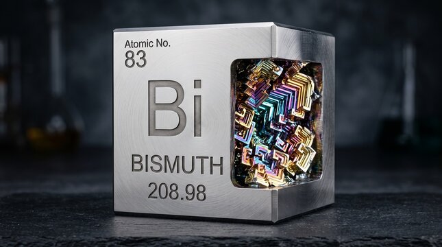 Bismuth element Bi from periodic table, 3D metallic block with rainbow iridescent bismuth crystal texture inside.jpg