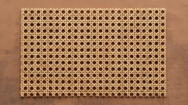 Natural rattan cane webbing features intricate woven patterns with geometric hexagonal holes showcased in a high resolution overhead studio photography shot