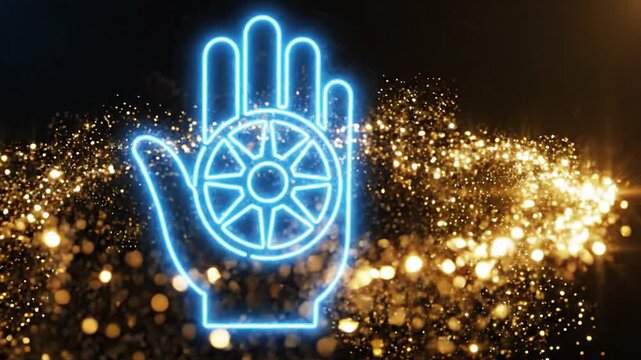 Glowing Neon Hand Symbol with Dharma Wheel and Sparkling Particles