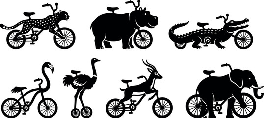 Creative safari animal bicycle silhouette set featuring elephant cheetah hippo and flamingo kids bikes