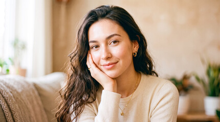 Obraz premium Smiling woman in cozy cream sweater resting chin on hand in modern home setting