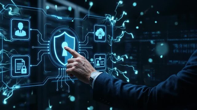 Close-up digital illustration of specialist selecting privacy icon on virtual screen securing brand trust and reputation in dark futuristic office