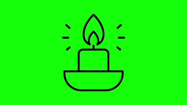 Minimalist black outline burning candle icon with glowing rays animated on a chroma key green screen background.