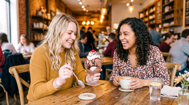 Two friends laughing while enjoying chocolate sundaes and coffee in a cozy caf&eacute;