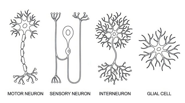 Scientific Diagram of Different Types of Nerve Cells Including Motor Neuron Sensory Neuron Interneuron and Glial Cell