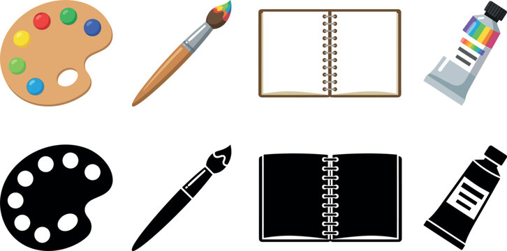 Fine arts supplies icons exhibit colorful and black silhouette materials for painting and drawing.
