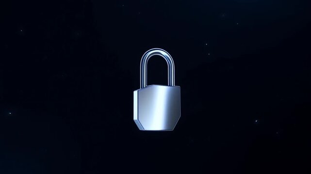 Metallic padlock centered against a dark background with blue illuminated edges
