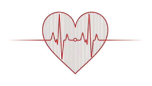 Red heart shape filled with vertical lines and an ekg pulse line