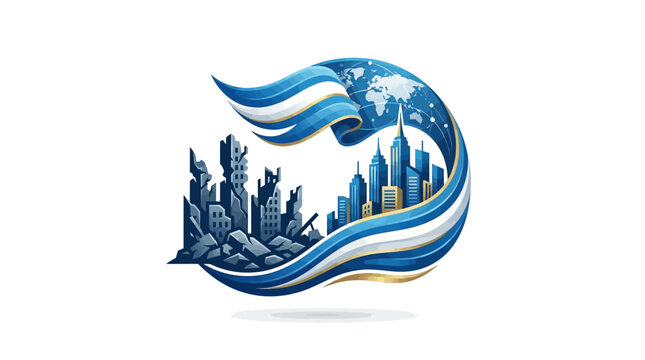 Modern Urban Cityscape with Dynamic Blue Waves Global Corporate Logo