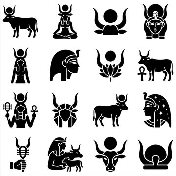 Ancient egyptian goddess isis and cow symbols set vector illustration design mythology icons collection with mythology historical religion heritage civilization illustration collection isolated