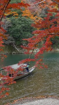 Fall travel in Kyoto, Japan, tourists enjoying a boat ride on the Katsura River during autumn season.
