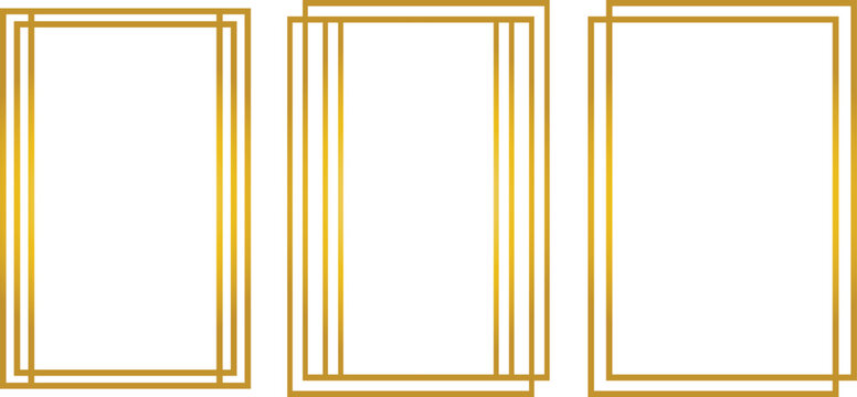 Set of three golden geometric frames on white background. These luxury Art Deco borders feature elegant metallic lines. Use this modern vector card template for wedding invitations.