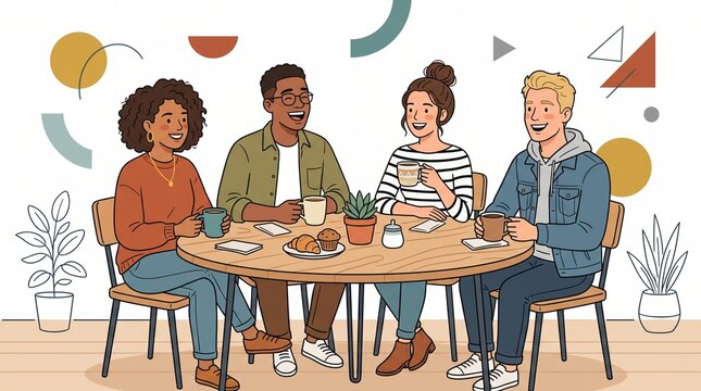 Four friends laughing together at a cozy caf&eacute; table