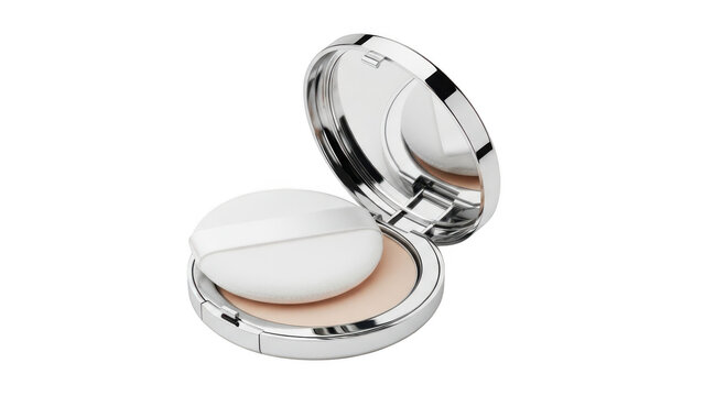 Open cosmetic powder compact with mirror and applicator puff isolated on white background