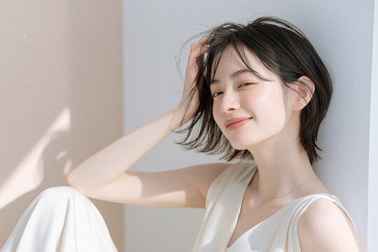 透明感のある白い肌の女性。ニュートラルトーンの背景。