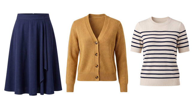 Navy blue skirt, mustard cardigan, isolated on png transparent background