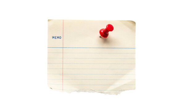 Red thumbtack pinned to lined memo paper isolated on png transparent background