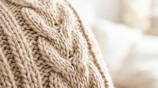 Macro texture of chunky beige knit sweater in soft interior setting  