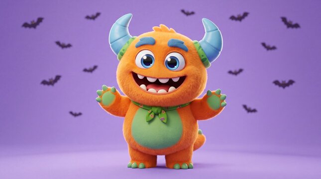 A delightful cartoon monster character displays a cheerful expression while playfully surrounded by numerous bats in a wonderfully whimsical halloween inspired scene