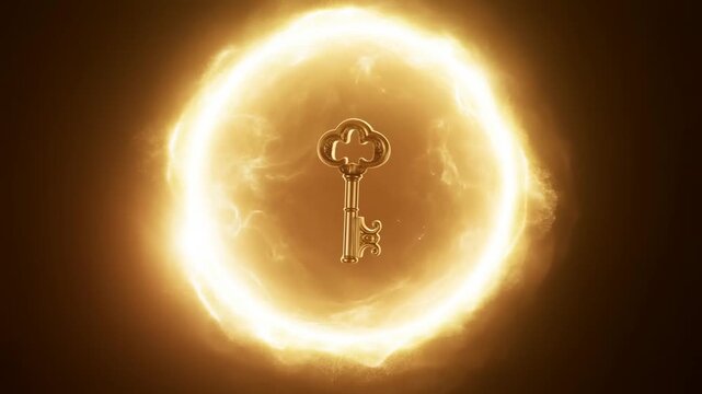 Golden key with ornate bow and bit suspended in darkness under bright backlight glow