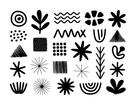 Collection of abstract black and white hand-drawn shapes and patterns