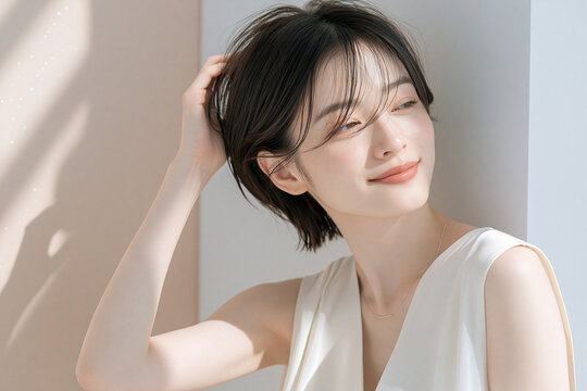 透明感のある白い肌の女性。ニュートラルトーンの背景。