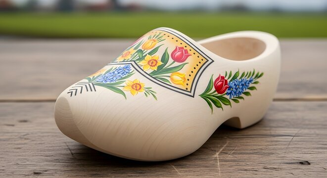 Wooden clog with floral Dutch motifs resting on a weathered wooden surface during daylight