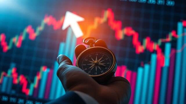 A businessman in a dark suit holds a vintage brass compass in front of a large digital screen showing red and blue stock market trend charts
