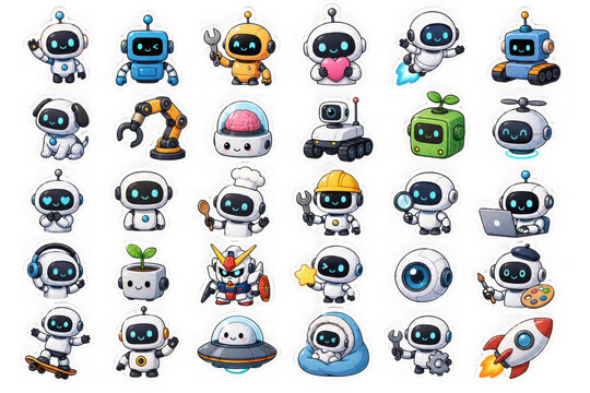 Cute cartoon robot characters set in various poses and roles, ai technology illustrations, isolated on transparent background