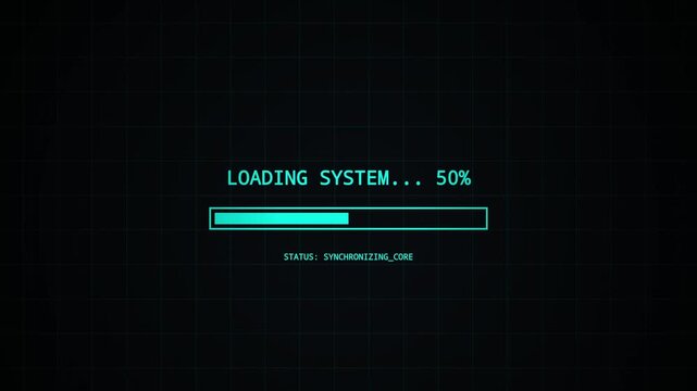 Animated system loading progress bar with digital glitch effect and critical error message on a dark grid background