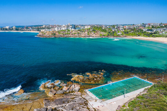 Freshwater Beach, Sydney, Australia showing Freshwter tidal rock pool , Queenscliff  and Manly Beach in the background