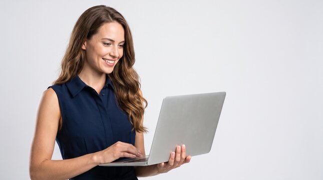 Professional Woman Using Laptop in Clean Studio Business Portrait
