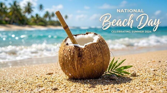 Coconut drink with straw on tropical sandy beach for national beach day