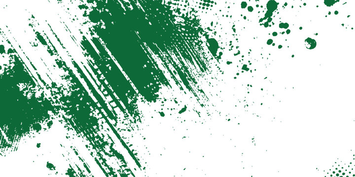 Abstract dark green heavy brush stroke grunge texture with halftone dots and splatters vector illustration.