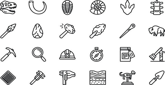 Archaeology and Prehistoric Discovery Icon Set Featuring Dinosaur Fossils, Stone Tools, Excavation Equipment, Ancient Artifacts, and Paleontology Vector Symbols