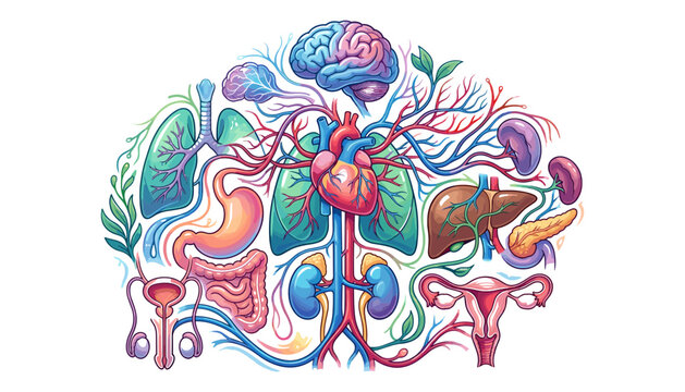 Human internal organs vector illustration set featuring heart brain lungs stomach liver kidneys and circulatory system blood vessels