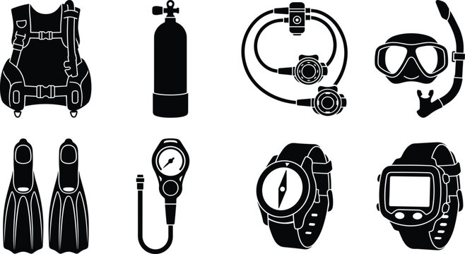 Scuba Diving Gear Silhouette Collection with Underwater Equipment and Dive Vector Bundle