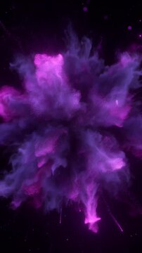 Bright purple particle burst explodes and disperses into smoke-like clouds on a dark background. Design backdrop with exploding, glowing light and layered depth.