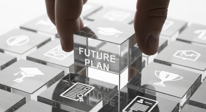 Fingers placing a clear block with future plan text isolated on white background