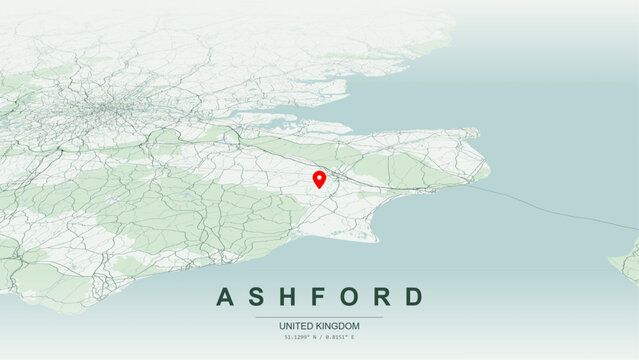 Modern minimalist vector map of Ashford, Kent, England. High-quality scalable illustration of Ashford geographic boundaries along Great Stour River contours  for posters design.