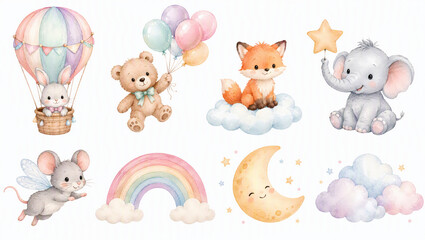 Naklejka premium Cute watercolor nursery baby animal clipart set with rabbit in hot air balloon, teddy bear, fox, elephant, mouse, rainbow, moon and clouds isolated on white background. For baby shower decor