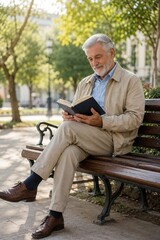 Obraz premium Elderly man reading a book sitting on a wooden bench under the shade of the trees, retired man enjoying a very quiet moment of reading and relaxation outdoors in the park.