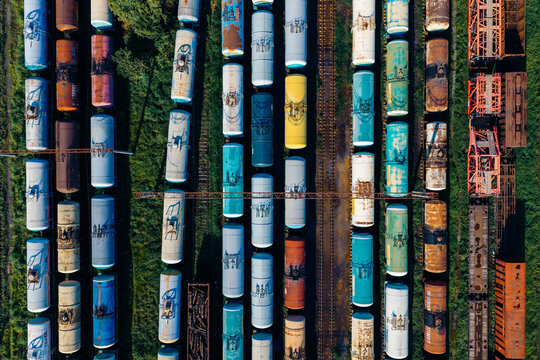 Aerial view of colorful tank cars parked in rows at the Batumi Railway Station freight yard in Batumi, Adjara, Georgia.