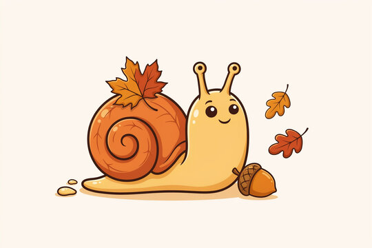A friendly cartoon snail with a vibrant orange autumn maple leaf on its back shell cheerfully exploring a whimsical fall forest scene with falling oak leaves and a single acorn