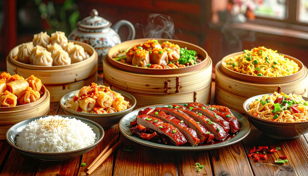 Chinese restaurant table with a variety of dishes, Peking duck, noodles, fried rice, and spring rolls. AI