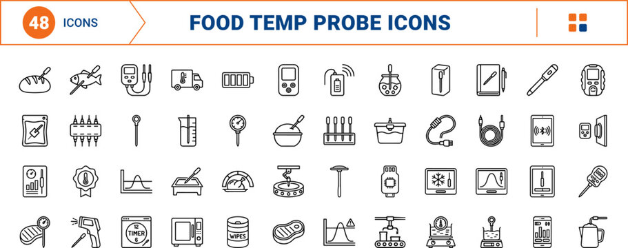 Food Temp Probe line icon set. Vector pictograms of kitchen thermometer, meat sensor, food safety, and cooking gauge elements, thin linear illustration.