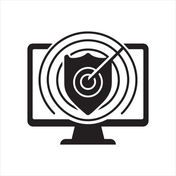 Computer monitor display with security shield target and radar waves icon