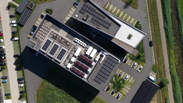 Aerial view of Rooftop HVAC Cooling Systems on Commercial Data Center
